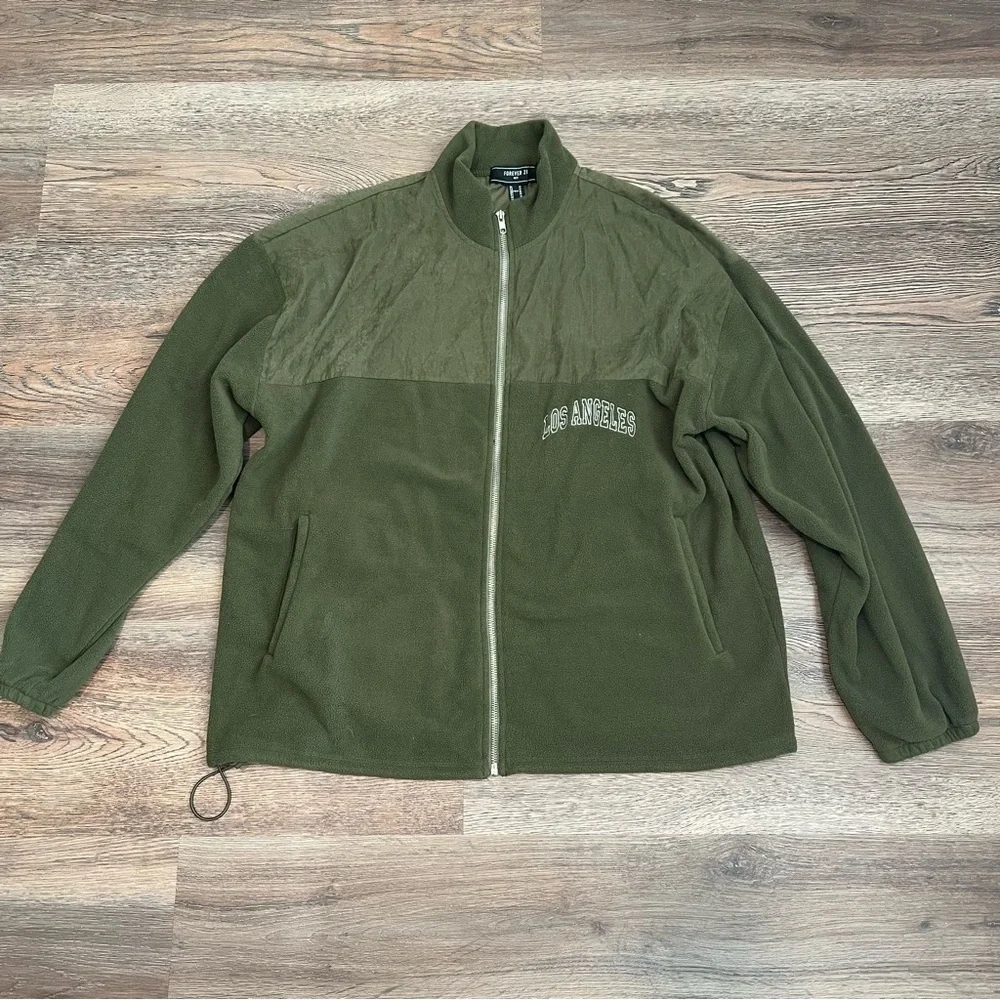 Forever 21 Men Green Zip-Up Jacket with Drawstring Size Medium